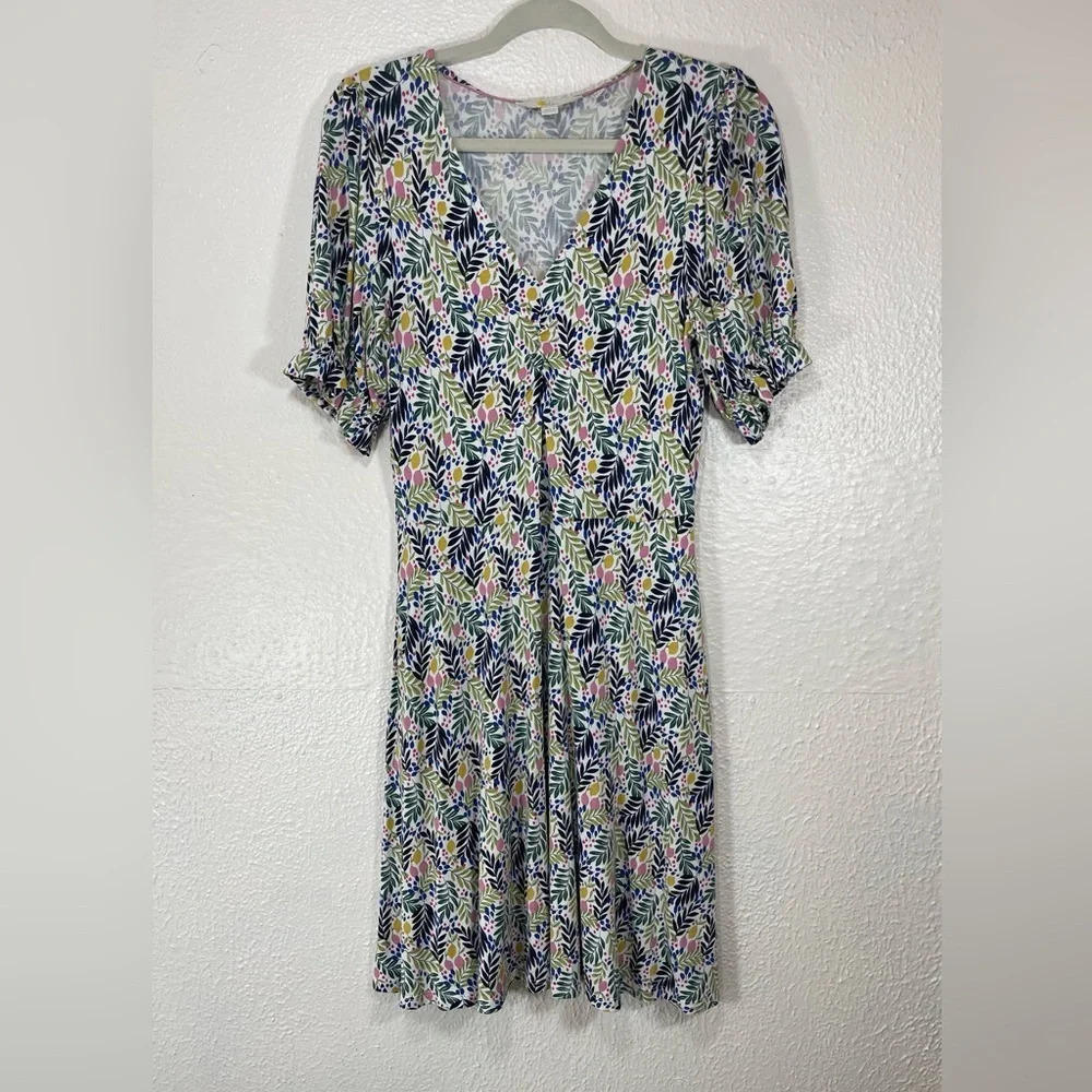 Boden V-Neck Jersey Dress Multi in Lemon Foliage Women’s Size 6R Summer Spring
